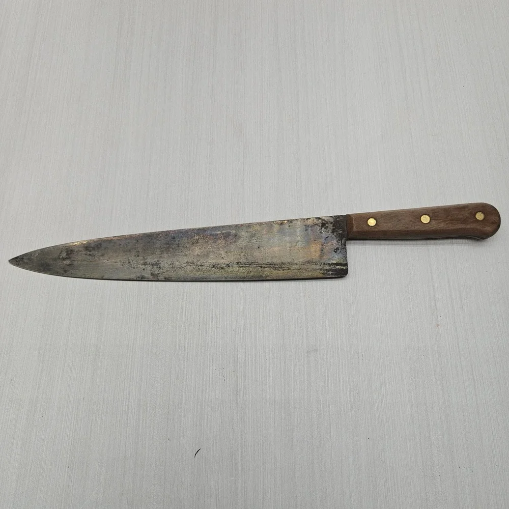 Vintage Carbon Steel Chef Knife 10.5 Inch Blade Wood Handle Full Tang Antique